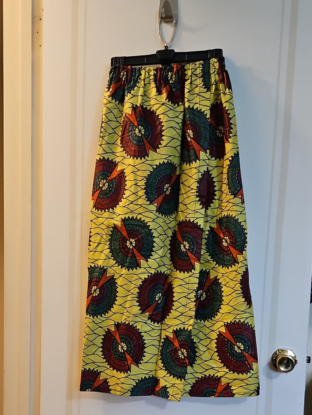 Yellow Printed Tribal Maxi Skirt with Green and Rust Motifs, Handcrafted, Small
